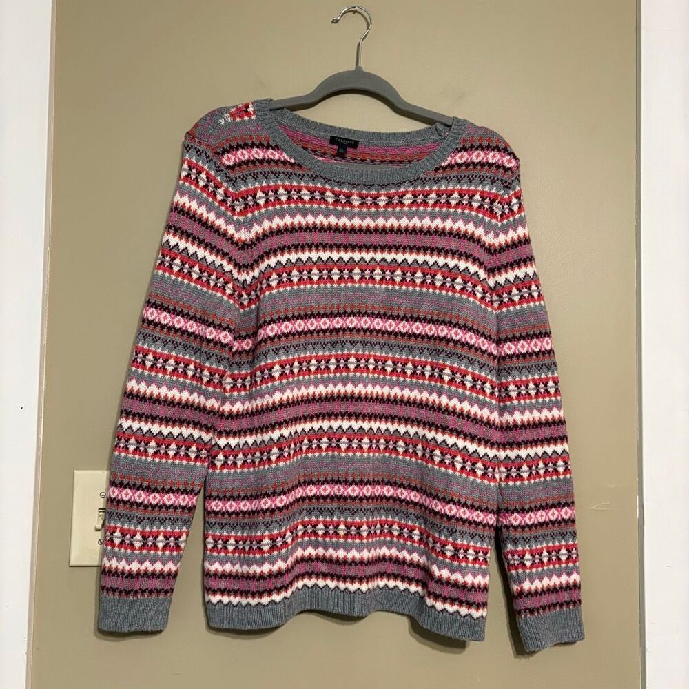 Talbots Petites Gray and Pink Fair Isle Lambswool Pullover Sweater Petite Large